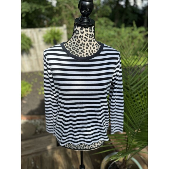 Lands End Striped Stretch Cotton Top Long Sleeved Sz M/P Navy/White Shaped Flaw* - Picture 1 of 10